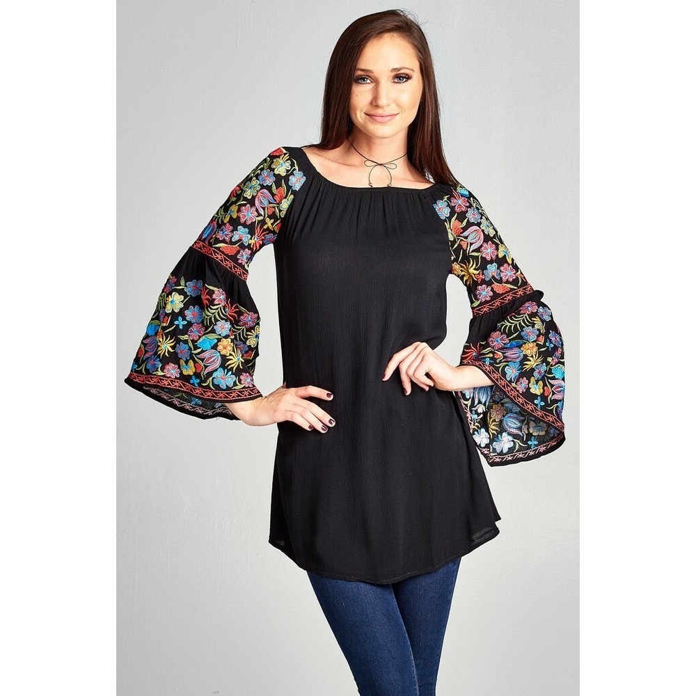 Velzera Black Floral Embroidered Bell Sleeve Boho Tunic Top off Shoulder Sz S